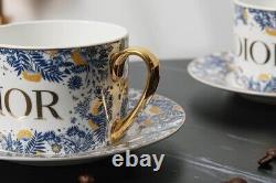 DIOR Bone China Tea Set One Teapot, Two Cups, Saucers & Spoons/Gold Accents