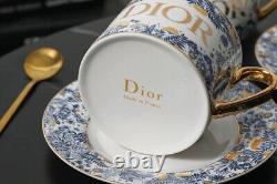 DIOR Bone China Tea Set One Teapot, Two Cups, Saucers & Spoons/Gold Accents