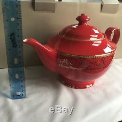 DISCONTINUED 9 Piece Teavana Teapot Set Ruby and Gold Filagree Fine Bone China