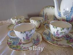 Deco English Coffee/Tea Set/6 FOLEY China2182 HOLLYHOCKPot/TeapotTeacupSug&C