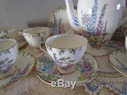 Deco English Coffee/Tea Set/6 FOLEY China2182 HOLLYHOCKPot/TeapotTeacupSug&C