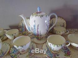 Deco English Coffee/Tea Set/6 FOLEY China2182 HOLLYHOCKPot/TeapotTeacupSug&C