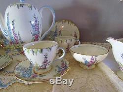 Deco English Coffee/Tea Set/6 FOLEY China2182 HOLLYHOCKPot/TeapotTeacupSug&C