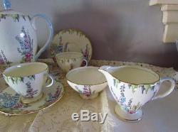 Deco English Coffee/Tea Set/6 FOLEY China2182 HOLLYHOCKPot/TeapotTeacupSug&C