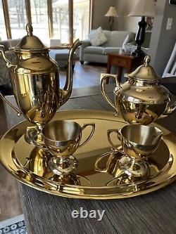 Dirilyte Dirigold Regal 5 Piece Tea Pot Coffee Set Tray Sugar Creamer Monogram F