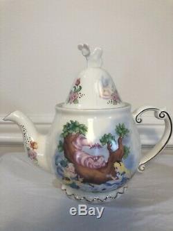 Disney Parks Alice In Wonderland Tea Set Teapot, Two Teacups, Tea Bag Holder