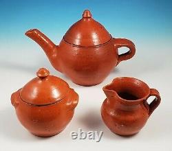 Early Jugtown Pottery Orange Glaze Redware Teapot Covered Sugar Bowl Creamer Set