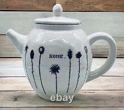 Early Rae Dunn HOME Teapot Magenta M Typewriter Font Wildflowers White Black