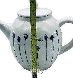 Early Rae Dunn HOME Teapot Magenta M Typewriter Font Wildflowers White Black