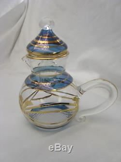 Egyptian Glass Tea Coffee Pot Cup 9 Piece Blue Gold Set