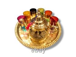 Elegant Moroccan tea set six cups, a teapot, and a handmade golden tray