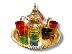 Elegant Moroccan tea set six cups, a teapot, and a handmade golden tray