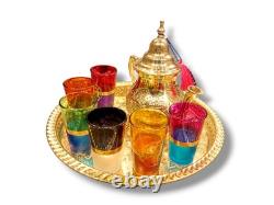 Elegant Moroccan tea set six cups, a teapot, and a handmade golden tray