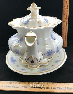 English Porcelain Tea Set c 1835 Teapot, Underplate, Cake Plate, 6 Cups/Saucers