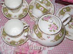 English Tea Set Green band Pink Roses Teapot, Tea cups, Saucers, Plates, vintage