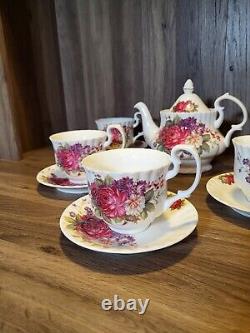 English tea store Floral Gala Porcelain Tea Set Tea Pot 5 Cups & Plates Garden