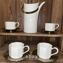 Ernest Sohn Coffee/Tea Pot With 4 Cups And 4 Brass Saucers Rare Find Mid-century