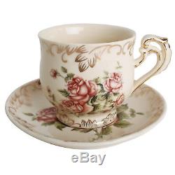 European Red Rose Tea Set, Teapot Set -15 pcs Includes Cup and Saucer, Creamer