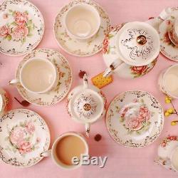 European Red Rose Tea Set, Teapot Set -15 pcs Includes Cup and Saucer, Creamer