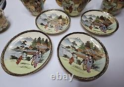 Exquisite Antique Japanese Satsuma Porcelain Geisha Tea Set Pot