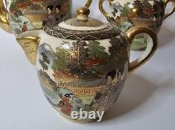 Exquisite Antique Japanese Satsuma Porcelain Geisha Tea Set Pot