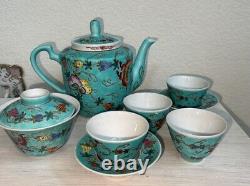 Exquisite China Jingdezhen Pastel Melon and Butterfly Pattern Teapot Set Teal