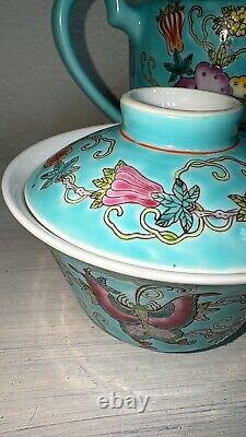 Exquisite China Jingdezhen Pastel Melon and Butterfly Pattern Teapot Set Teal