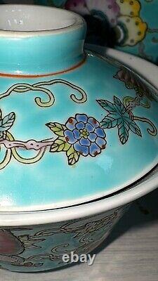 Exquisite China Jingdezhen Pastel Melon and Butterfly Pattern Teapot Set Teal