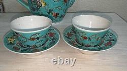 Exquisite China Jingdezhen Pastel Melon and Butterfly Pattern Teapot Set Teal