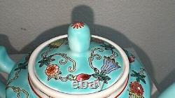 Exquisite China Jingdezhen Pastel Melon and Butterfly Pattern Teapot Set Teal