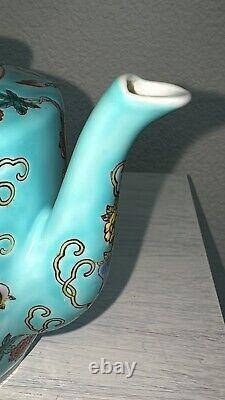 Exquisite China Jingdezhen Pastel Melon and Butterfly Pattern Teapot Set Teal