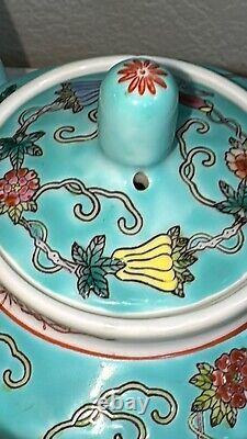 Exquisite China Jingdezhen Pastel Melon and Butterfly Pattern Teapot Set Teal