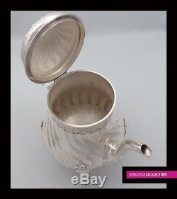 FINE ANTIQUE 1880s FRENCH FULL STERLING SILVER TEA POT SET 3 pc Rococo style