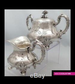 FRAY ANTIQUE 1850s FRENCH ALL STERLING SILVER TEAPOT SUGAR BOWL CREAMER SET 3pc