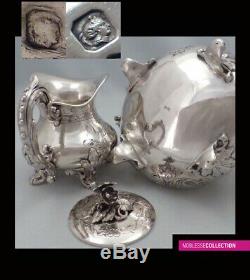FRAY ANTIQUE 1850s FRENCH ALL STERLING SILVER TEAPOT SUGAR BOWL CREAMER SET 3pc