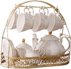 Fanquare 15 Pieces Simple White English Ceramic Tea Sets, Tea Pot, Bone China Cups