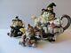 Fitz Floyd 1992 Halloween Hoedown Kitchen Witch Teapot + Sugar/creamer Set