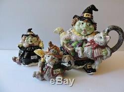Fitz Floyd 1992 Halloween Hoedown Kitchen Witch Teapot + Sugar/Creamer Set