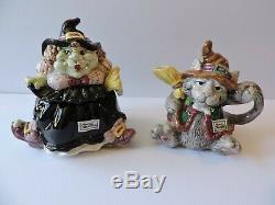 Fitz Floyd 1992 Halloween Hoedown Kitchen Witch Teapot + Sugar/Creamer Set