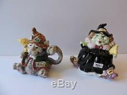 Fitz Floyd 1992 Halloween Hoedown Kitchen Witch Teapot + Sugar/Creamer Set