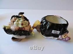 Fitz Floyd 1992 Halloween Hoedown Kitchen Witch Teapot + Sugar/Creamer Set