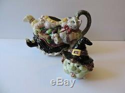Fitz Floyd 1992 Halloween Hoedown Kitchen Witch Teapot + Sugar/Creamer Set