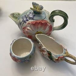 Fitz and Floyd Flourish of Flowers Bird & Butterfly Tea Pot Creamer & Sugar Set