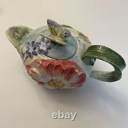 Fitz and Floyd Flourish of Flowers Bird & Butterfly Tea Pot Creamer & Sugar Set