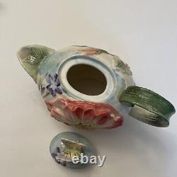 Fitz and Floyd Flourish of Flowers Bird & Butterfly Tea Pot Creamer & Sugar Set