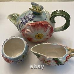 Fitz and Floyd Flourish of Flowers Bird & Butterfly Tea Pot Creamer & Sugar Set