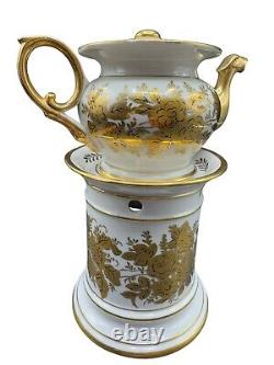 Floral Ceramic Teapot Warmer Stand Vintage Tisaniere 10 Gold White Porcelain