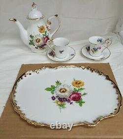 Floral teapot Serving Tray Sugar Creamer 2 miniture Mugs With Saucers Tea Party