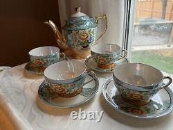 Free Shipping Hand Painted Peach Lusterware Japan 4 Tea Cups And Tea Pot Set