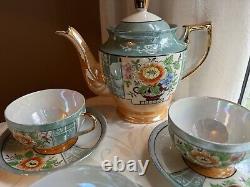 Free Shipping Hand Painted Peach Lusterware Japan 4 Tea Cups And Tea Pot Set